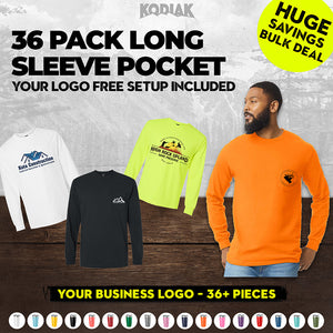 Promote the "Huge Savings Bulk Deal" on a 36-pack of Gildan Ultra Cotton Long Sleeve Pocket T-Shirts (2410) with your custom screen-printed logo, available in assorted colors. Perfect for businesses—display advertising now!.
