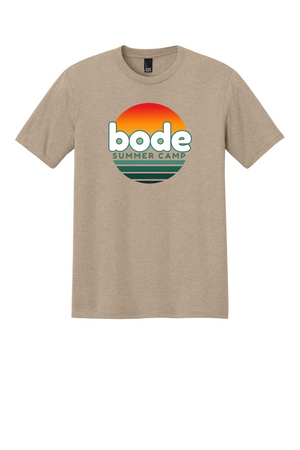 Printify’s 2026 Bode Summer Bootcamp Unisex T-Shirt DM130 features the OG logo on a tan tri-blend, with a retro "bode SUMMER CAMP" graphic in an orange and green sunset circle; lightweight and breathable for all-day comfort.