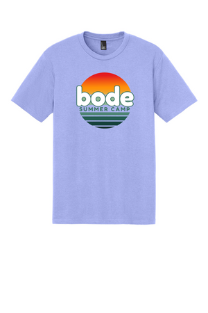 The Printify 2026 Bode Summer Bootcamp OG Logo Unisex Tri Blend T-Shirt DM130 features a light purple color and a "bode SUMMER CAMP" logo with a sunset graphic in red, orange, and teal on the chest.