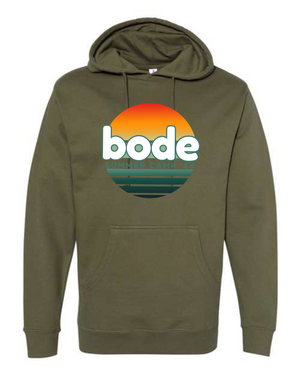 The 2026 Bode Summer Bootcamp Unisex Hoodie by Printify features the OG logo on olive green cotton-poly fleece with adjustable hood and front pocket, made with Independent Trading Co. SS4500.