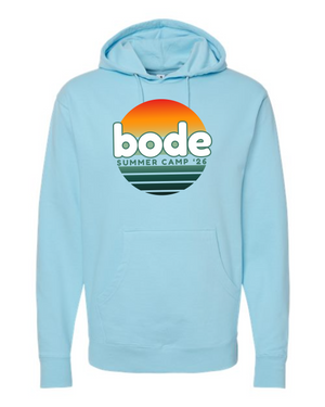 The 2026 Bode Summer Bootcamp OG Logo Hoodie Sweatshirt by Printify is a light blue cotton-poly fleece unisex SS4500 hoodie with a front pocket, sunset graphic, and "bode SUMMER CAMP '26" chest print—ideal for cool evenings.