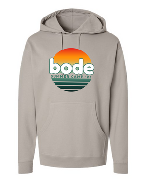 The Printify 2026 Bode Summer Bootcamp OG Logo Hoodie Sweatshirt, made from cotton-poly fleece, features a "bode" and "Summer Camp '26" sunset chest graphic plus an adjustable hood for comfort. Unisex by Independent Trading Co. SS4500.
