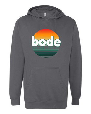The 2026 Bode Summer Bootcamp OG Logo Hoodie Sweatshirt by Printify features a colorful circular logo on gray cotton-poly fleece, with a front pocket, in the unisex Independent Trading Co. SS4500 style.
