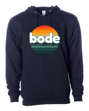 The 2026 Bode Summer Bootcamp OG Logo Hoodie Sweatshirt by Printify features a sunset gradient “bode SUMMER CAMP ’26” chest logo. This unisex black fleece, crafted with the trusted Independent Trading Co. SS4500, has an adjustable hood.