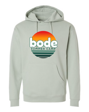 The 2026 Bode Summer Bootcamp OG Logo Unisex Hoodie Sweatshirt by Printify features a light gray Independent Trading Co. SS4500 cotton-poly fleece, front pocket, adjustable hood, and a circular multicolor chest logo for comfort and style.