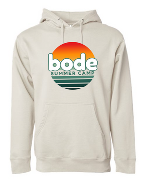 The 2026 Bode Summer Bootcamp — OG Logo Hoodie Sweatshirt by Printify features a "bode SUMMER CAMP" graphic with a sunset design on soft cotton-poly fleece. Unisex, made by Independent Trading Co. (SS4500) for all-day comfort.
