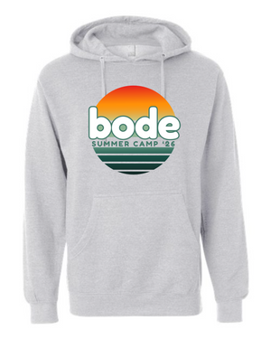 Light gray unisex OG Logo Hoodie from Printify (Independent Trading Co. SS4500), features a large sunset graphic, "bode SUMMER CAMP '26" in green and white, front pocket, and adjustable drawstring hood.