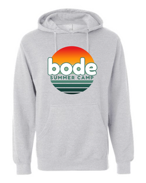 A light gray unisex hoodie by Printify, made with soft cotton-poly fleece, featuring the 2026 Bode Summer Bootcamp OG logo, sunset graphic, green stripes and an adjustable hood; crafted by Independent Trading Co. SS4500.