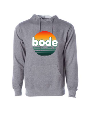 The 2026 Bode Summer Bootcamp OG Logo Hoodie Sweatshirt by Printify features a sunset graphic and "bode SUMMER CAMP ‘26" on gray cotton-poly fleece, with front pocket and adjustable hood. Made with Independent Trading Co. SS4500.