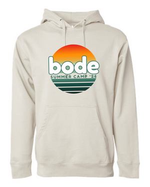 The Printify 2026 Bode Summer Bootcamp OG Logo Hoodie Sweatshirt by Independent Trading Co. (SS4500) is a beige cotton-poly fleece unisex hoodie featuring a retro sunset graphic and adjustable hood for comfort and style.