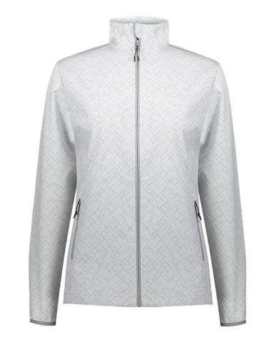 The Holloway Women's Featherlight Softshell Jacket, made by Holloway, is a lightweight fabric jacket featuring a full zip closure, high collar, and two zipped side pockets. The jacket boasts a subtle all-over pattern for added texture and is perfect for custom workwear needs.