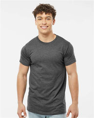 A man wearing a Tultex Unisex Fine Jersey T-Shirt made from ringspun cotton.
