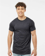 A man wearing a Tultex Unisex Fine Jersey T-Shirt made of 100% ringspun cotton for optimal comfort and durability.