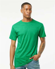 A man wearing a Tultex Unisex Fine Jersey T-Shirt 100% Cotton green t-shirt.