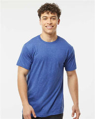 A man wearing a Tultex Unisex Fine Jersey T-Shirt 100% Cotton made from ringspun cotton and featuring double-needle stitching.