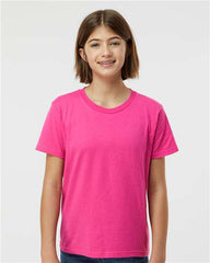 A young girl wearing a Tultex Youth Fine Jersey T-Shirt made of USA cotton.