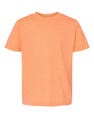 A Tultex children's orange t-shirt made of USA cotton with double-needle stitching on a white background.