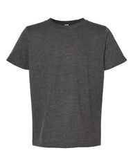 A Tultex Youth Fine Jersey T-Shirt 100% Cotton made with USA cotton and featuring double-needle stitching.