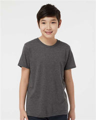 A young boy wearing a Tultex Youth Fine Jersey T-Shirt 100% Cotton.
