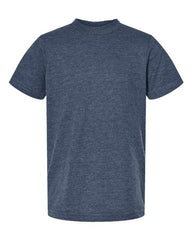 A Tultex men's blue t-shirt made of USA cotton with double-needle stitching.
