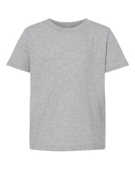A grey Tultex Youth Fine Jersey T-Shirt 100% Cotton with double-needle stitching on a white background.