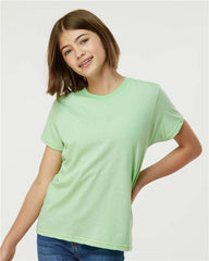 A woman wearing a green Tultex Youth Fine Jersey T-Shirt 100% Cotton.