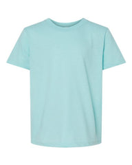 A Tultex light blue fine jersey t-shirt with double-needle stitching.