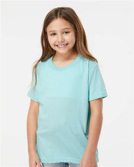 A young girl wearing a Tultex Youth Fine Jersey T-Shirt made of USA cotton.