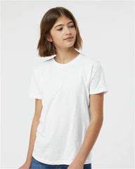 A girl wearing a Tultex Youth Fine Jersey T-Shirt 100% Cotton made with USA cotton and jeans.