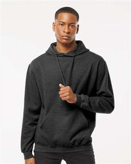 A man wearing a Tultex Unisex Fleece Hoodie Sweatshirt made of ringspun cotton/polyester.