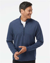 A man is smiling while wearing an Adidas 3-Stripes Quarter-Zip Sweatshirt with adjustable ventilation.