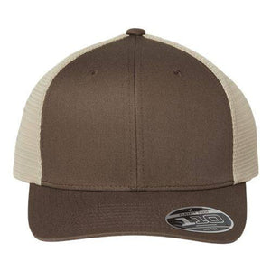 A Flexfit 110 Mesh-Back Trucker Hat in brown and tan with Snapback closure.