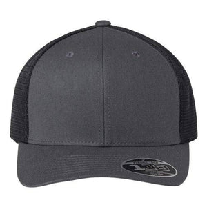 The Flexfit 110 Mesh-Back Trucker Hat with a Permacurv® visor is shown on a white background.