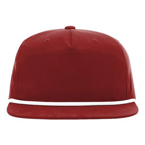 A structured red Richardson Snapback hat with a white stripe, made of nylon.