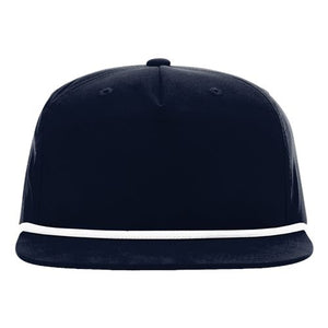 A structured navy Richardson Snapback hat with a white stripe, made of cotton/nylon.