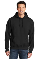 A man wearing a black Gildan - DryBlend Pullover Hoodie Sweatshirt 12500 with moisture-wicking fabric.