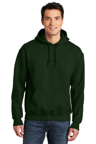 A man wearing a green Gildan - DryBlend Pullover Hoodie Sweatshirt 12500 made of a cotton blend fabric.