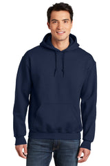 A man wearing a Gildan - DryBlend Pullover Hoodie Sweatshirt 12500 made of a moisture-wicking cotton blend fabric.