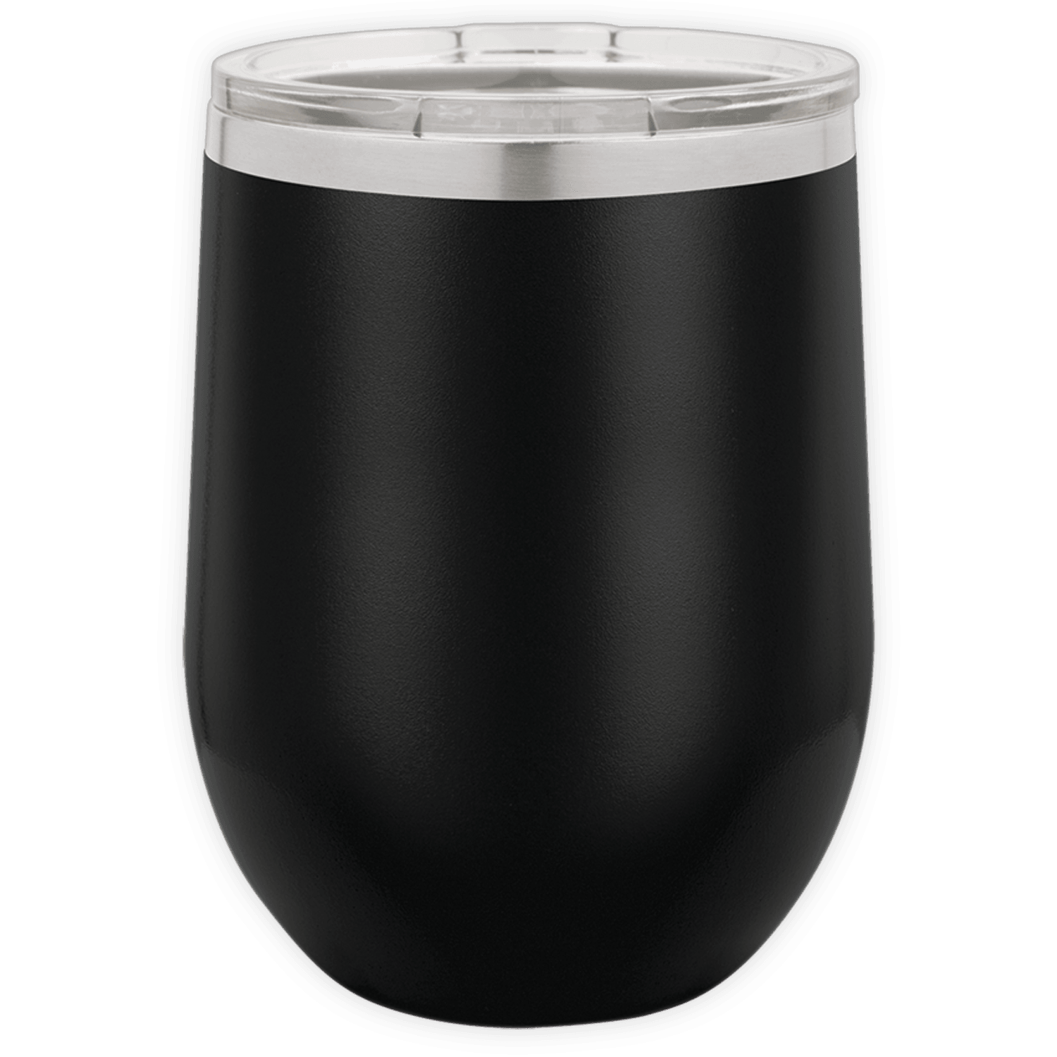 The Kodiak Coolers BLANK ITEM - Insulated 12 oz Wine Cup in black stainless steel with a clear lid is shown on a white background, ideal for promotional gifts or custom logo mugs.
