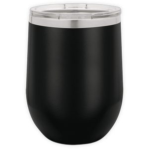 The Kodiak Coolers BLANK ITEM - Insulated 12 oz Wine Cup in black stainless steel with a clear lid is shown on a white background, ideal for promotional gifts or custom logo mugs.