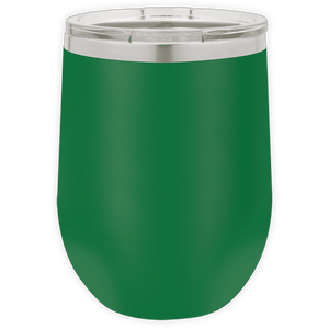 The Kodiak Coolers BLANK ITEM - Insulated 12 oz Wine Cup features green stainless steel and a clear plastic lid, ideal for promotional gifts or custom logo mugs, shown on a white background.