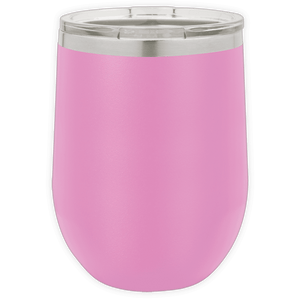 The BLANK ITEM - Insulated 12 oz Wine Cup by Kodiak Coolers features a pink exterior, stainless steel body, and clear plastic lid—ideal for promotional gifts or personalized mugs, displayed against a white background.