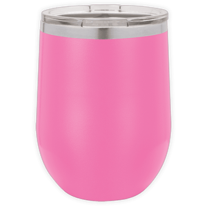The BLANK ITEM - Insulated 12 oz Wine Cup by Kodiak Coolers is a pink stainless steel tumbler with a clear lid, perfect for personalized mugs or promotional gifts, shown against a white background.
