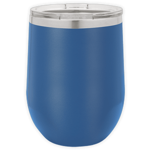 The BLANK ITEM - Insulated 12 oz Wine Cup by Kodiak Coolers is a blue stainless steel tumbler with a clear plastic lid, ideal for personalized mugs or promotional gifts, shown against a white background.