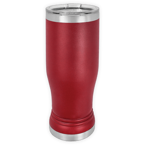 The Kodiak Coolers BLANK ITEM - 14 oz Insulated Pilsner Glass features a curvy red stainless steel design, clear plastic lid, and silver accents—ideal for custom mugs or unique logo promotional gifts.