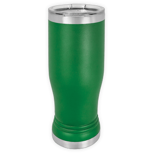 The Kodiak Coolers BLANK ITEM - 14 oz Insulated Pilsner Glass is a green stainless steel tumbler with a clear lid and silver accents—ideal as a logo promotional gift or for anyone wanting stylish custom drinkware.