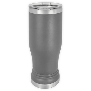 The Kodiak Coolers BLANK ITEM - 14 oz Insulated Pilsner Glass, in gray stainless steel with a clear plastic lid, stands upright on a white background—ideal for custom mugs or logo promotional gifts.