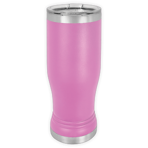 The Kodiak Coolers BLANK ITEM - 14 oz Insulated Pilsner Glass, featuring pink stainless steel with a clear lid and silver accents, stands upright on a white background—ideal for logo promotions or personalized mug lovers.