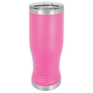 The Kodiak Coolers BLANK ITEM - 14 oz Insulated Pilsner Glass features a bright pink exterior and clear plastic lid, ideal for personalized mugs or stylish logo promotional gifts, shown on a white background.