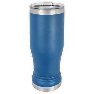 The Kodiak Coolers BLANK ITEM - 14 oz Insulated Pilsner Glass in blue, with a clear plastic lid, is ideal as a logo promotional gift and is pictured upright against a white background.